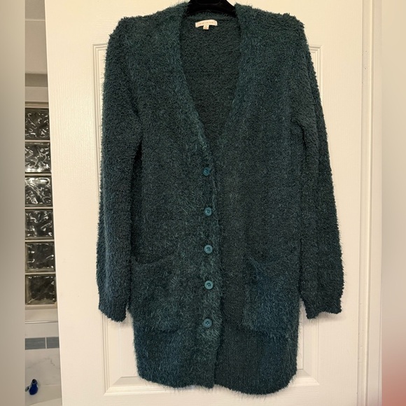 Skies Are Blue Sweaters - Skies Are Blue Cozy Dark Green Button-Up 3/4 Length Long Cardigan
